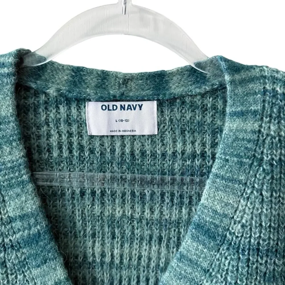 Old Navy Long Sleeve Marled V Neck Button Front Crochet Cardigan Teal L Girls
